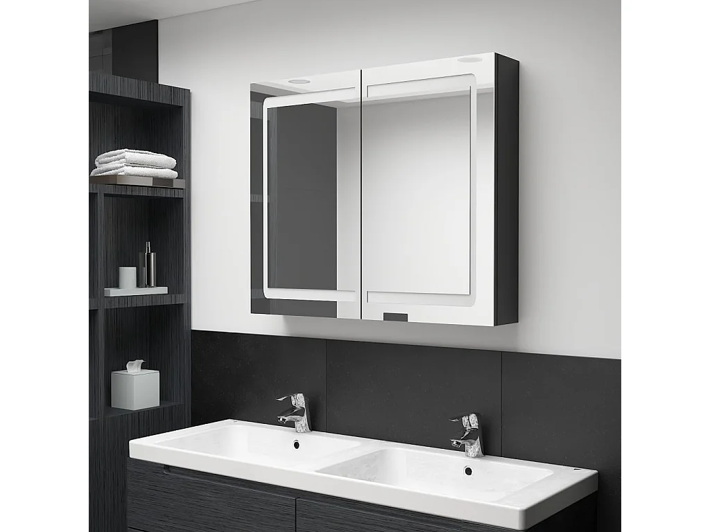 Armoire de salle de bain à miroir LED Noir brillant 80x12x68