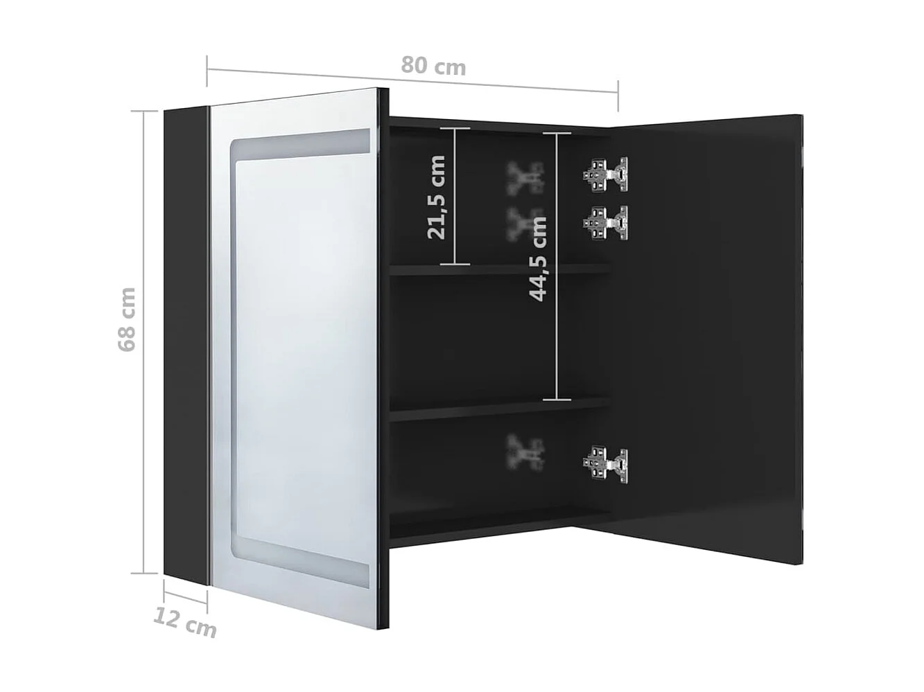 Armoire de salle de bain à miroir LED Noir brillant 80x12x68