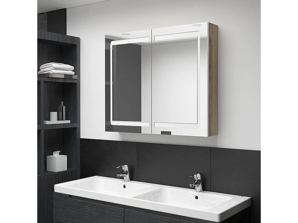 Armoire de salle de bain à miroir LED Blanc et chêne 80x12x68