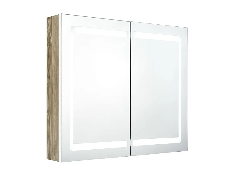 Armoire de salle de bain à miroir LED Blanc et chêne 80x12x68