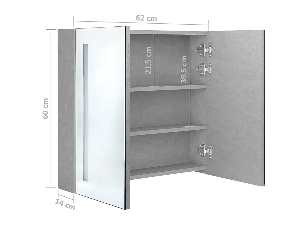 Armoire de salle de bain à miroir LED Gris béton 62x14x60