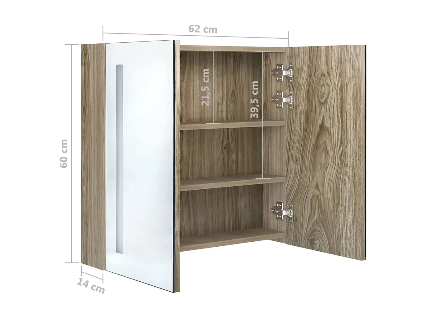 Armoire de salle de bain à miroir LED Chêne 62x14x60