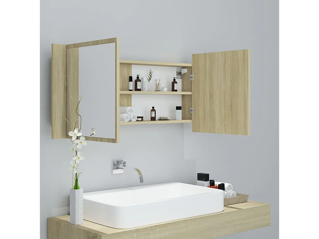 Armoire à miroir à LED de bain Chêne sonoma 100x12x45