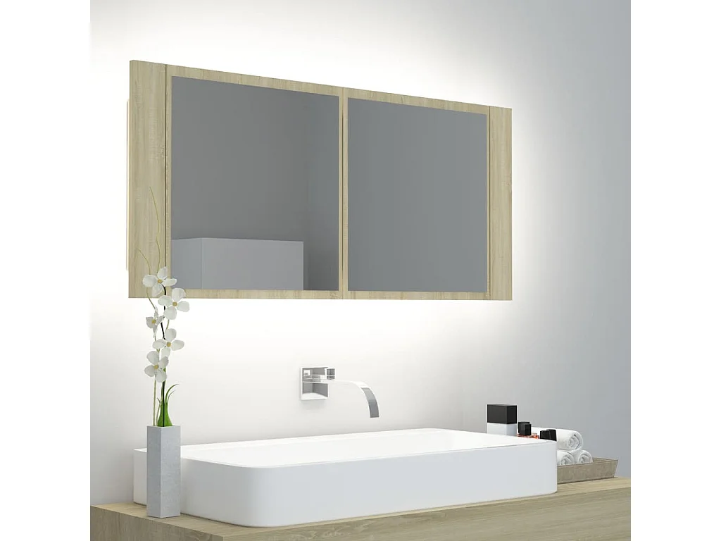 Armoire à miroir à LED de bain Chêne sonoma 100x12x45