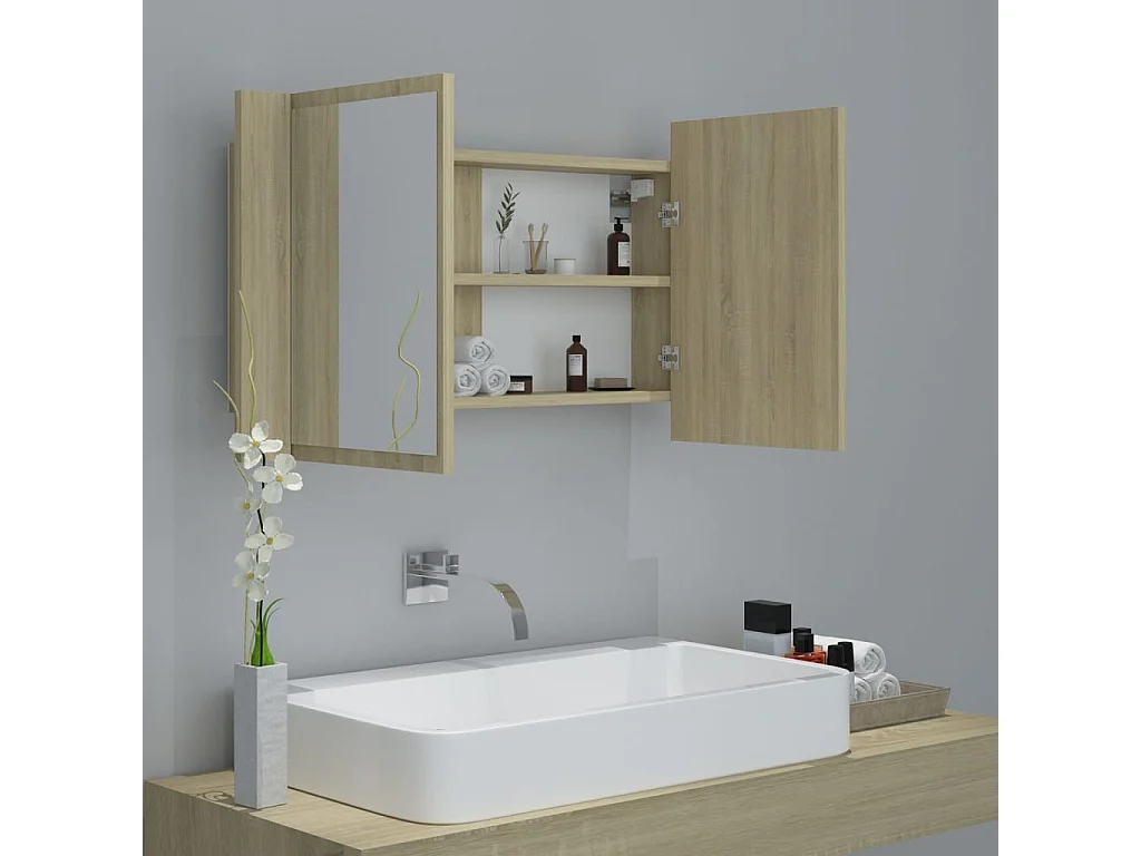 Armoire de salle de bain à miroir à LED Chêne sonoma 80x12x45