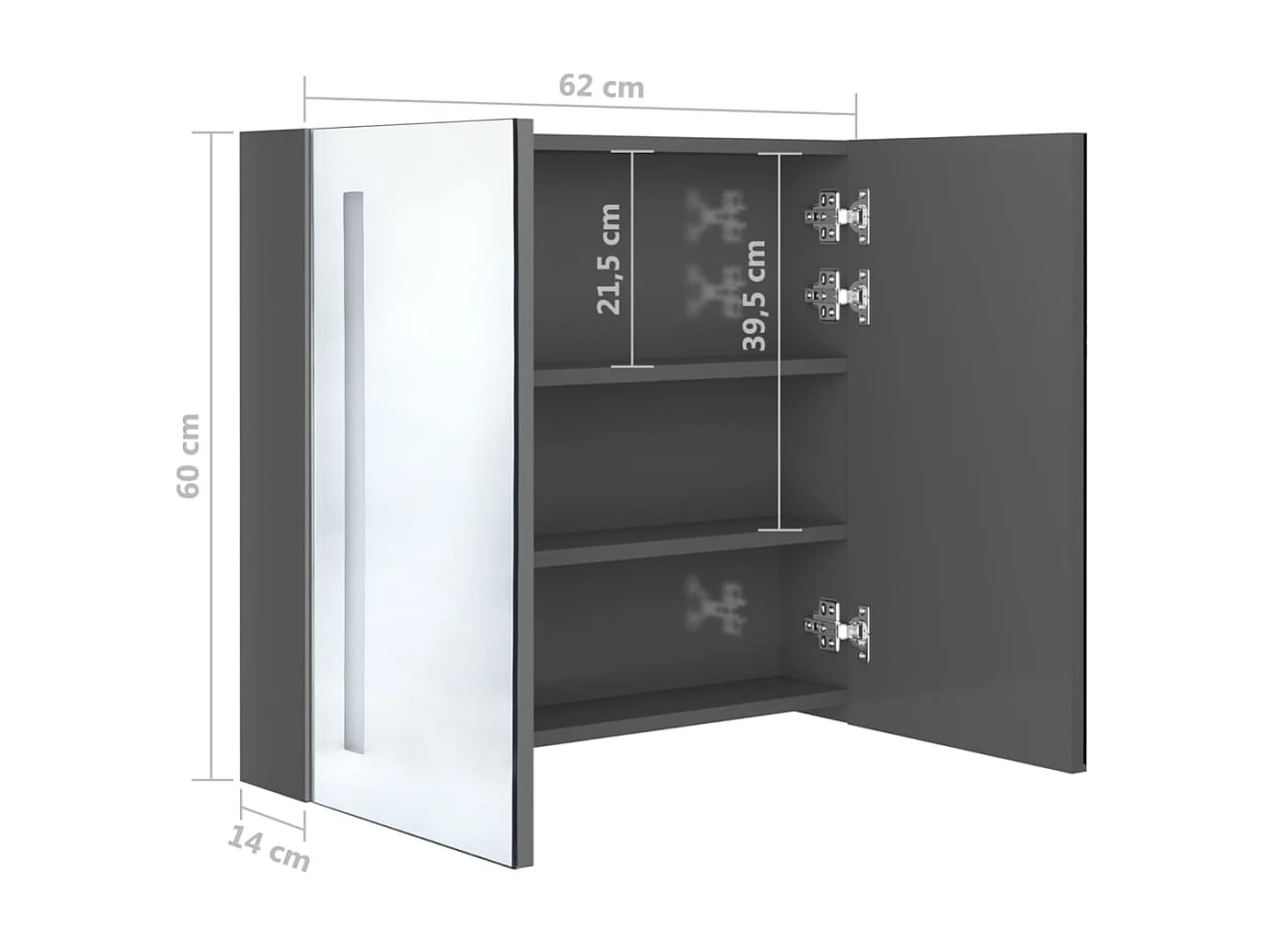 Armoire de salle de bain à miroir LED Gris brillant 62x14x60