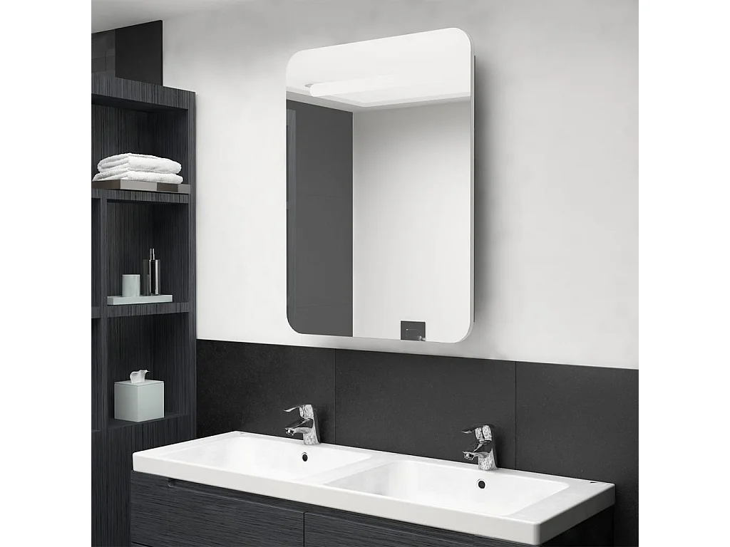 Armoire de salle de bain à miroir LED Blanc et chêne 60x11x80