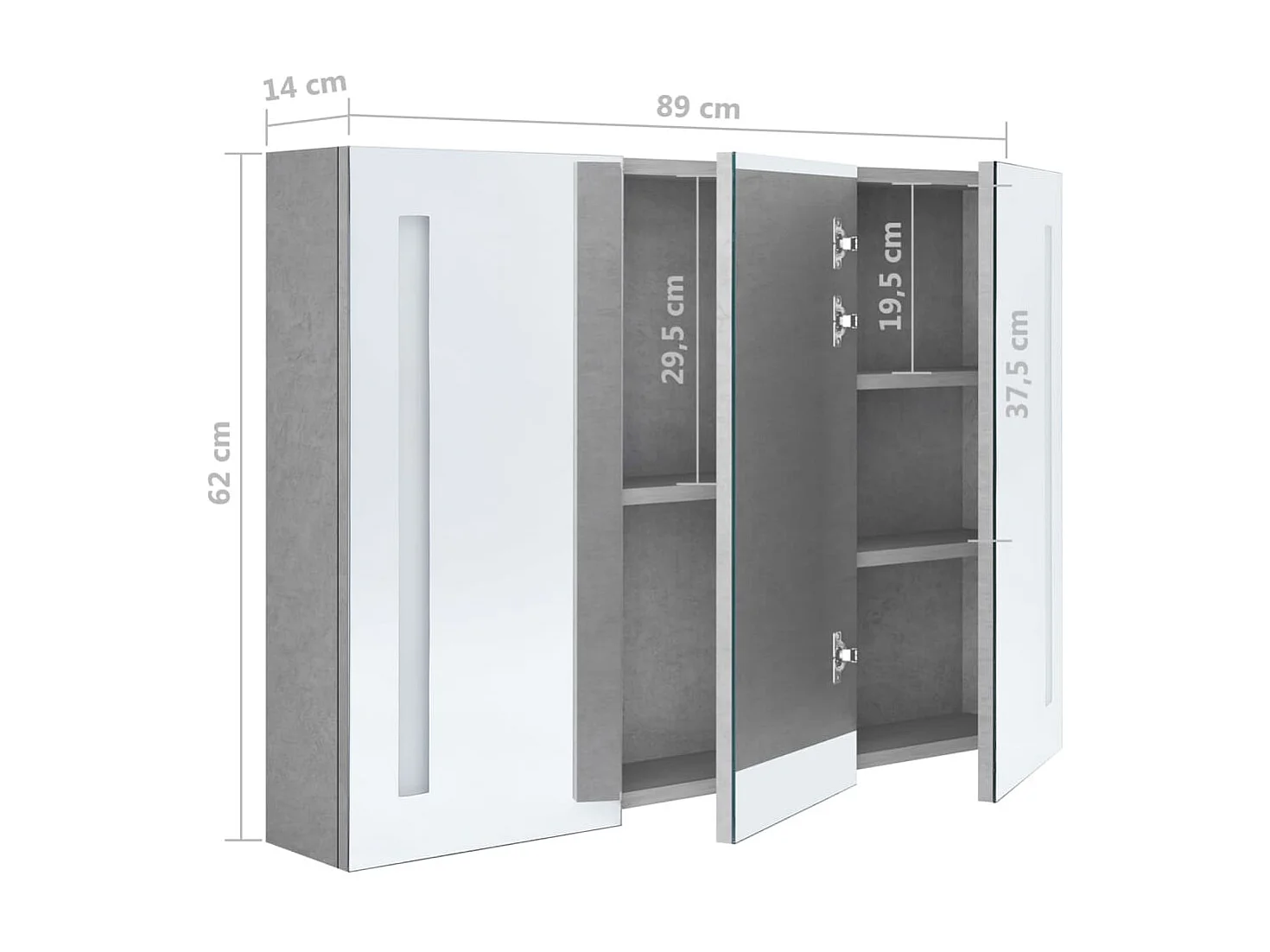 Armoire de salle de bain à miroir LED Gris béton 89x14x62