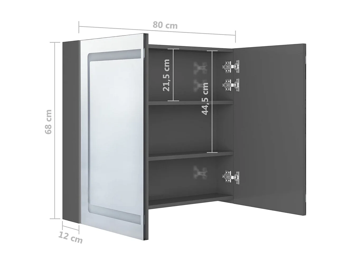Armoire de salle de bain à miroir LED Gris brillant 80x12x68