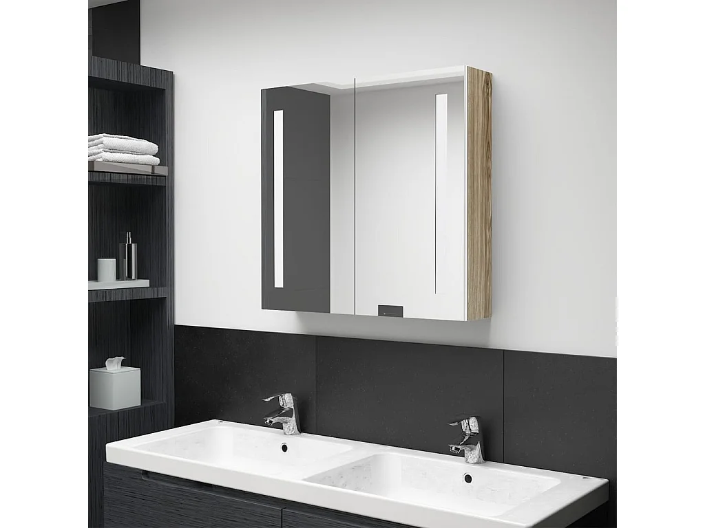 Armoire de salle de bain à miroir LED Blanc et chêne 62x14x60