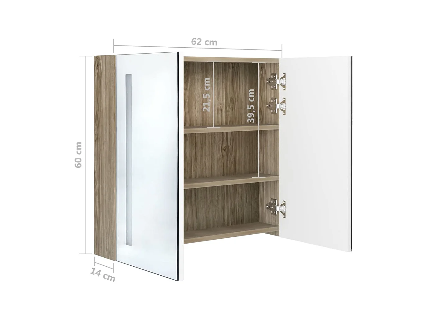 Armoire de salle de bain à miroir LED Blanc et chêne 62x14x60