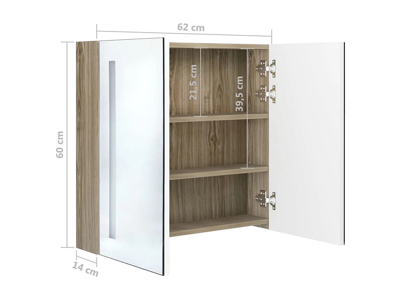 Armoire de salle de bain à miroir LED Blanc et chêne 62x14x60