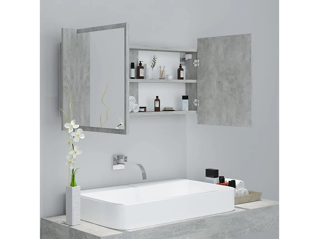 Armoire de salle de bain à miroir à LED Gris béton 90x12x45