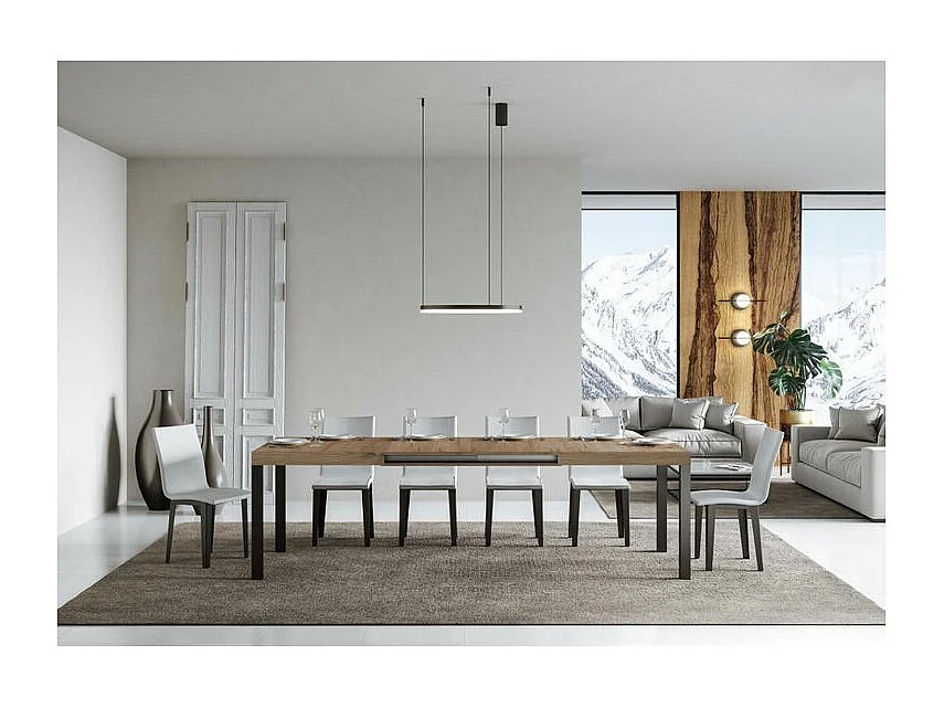 Karry uitschuifbare eettafel-Kleur Natuurlijk-Voet en steun op zwenkwielen-Uitschuifbare breedte