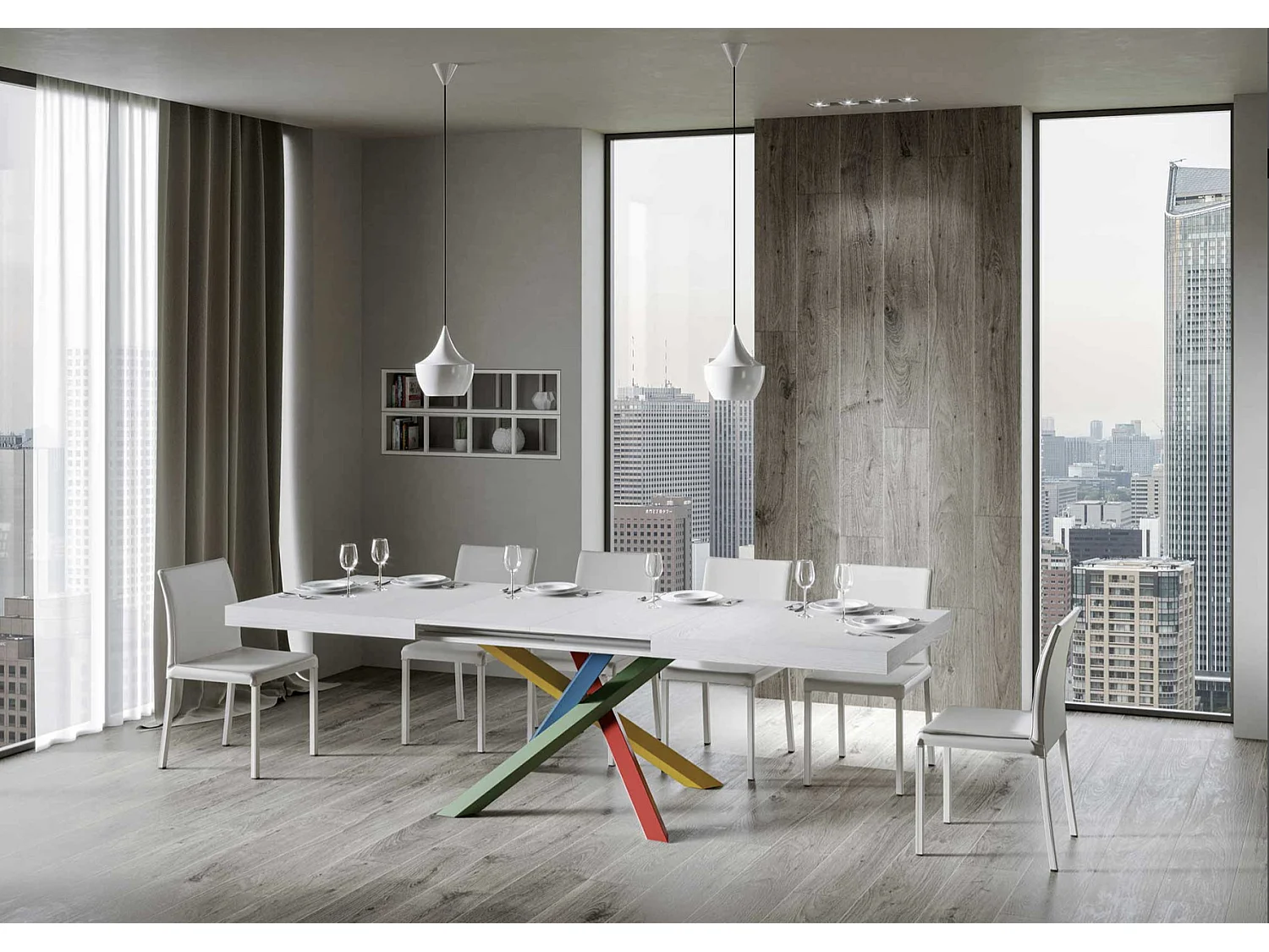 Table extensible design avec pieds entrelacés multicouleurs Artemis-Couleur Naturel-130 à 234cm