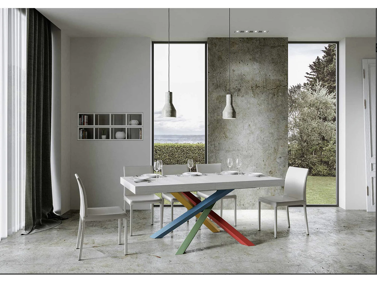 Table extensible design avec pieds entrelacés multicouleurs Artemis-Couleur Naturel-130 à 234cm