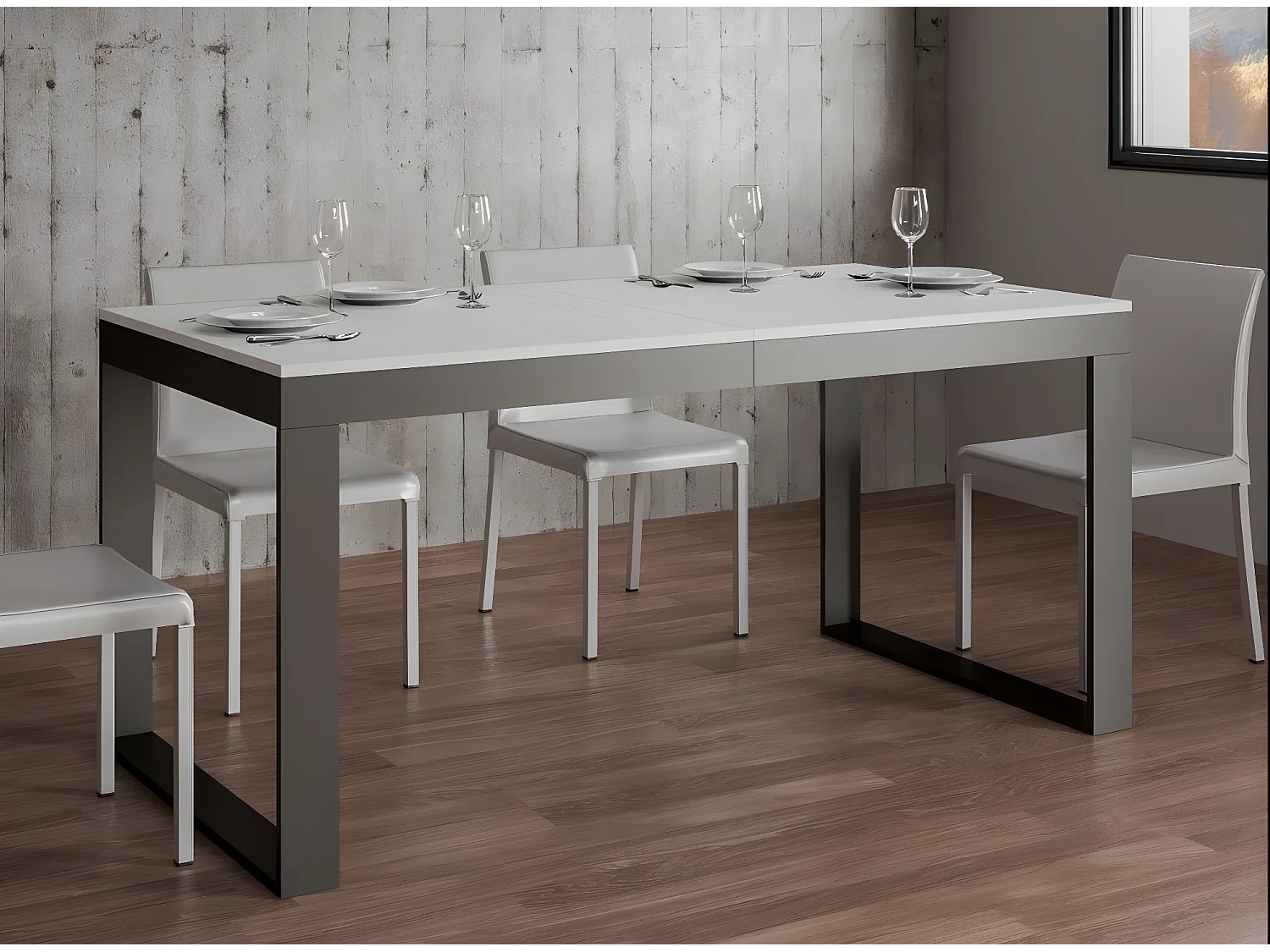 Table extensible 180 à 284cm blanc et métal anthracite Likro