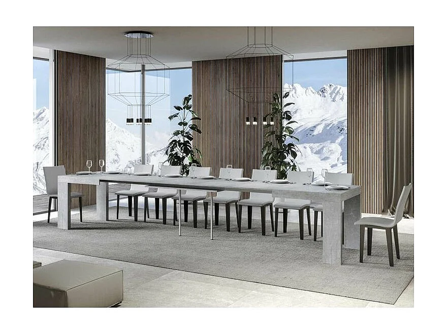 Table à manger extensible bois Ribo-Couleur Gris ciment-Sur roulettes-5 rallonges fines-160 à 420cm