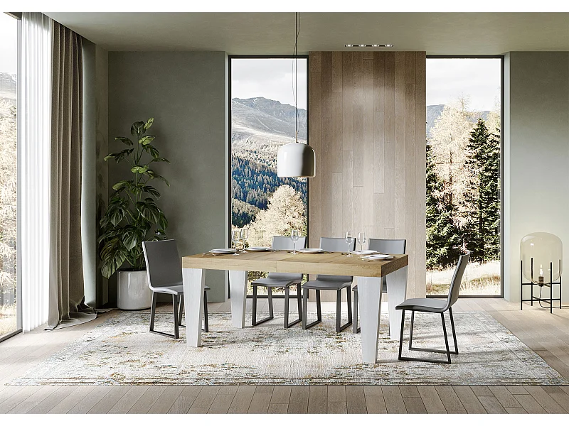 Table extensible chêne naturel et pieds bois blanc 6 à 12 personnes Kristo L 180 à 284cm-Sur roulettes