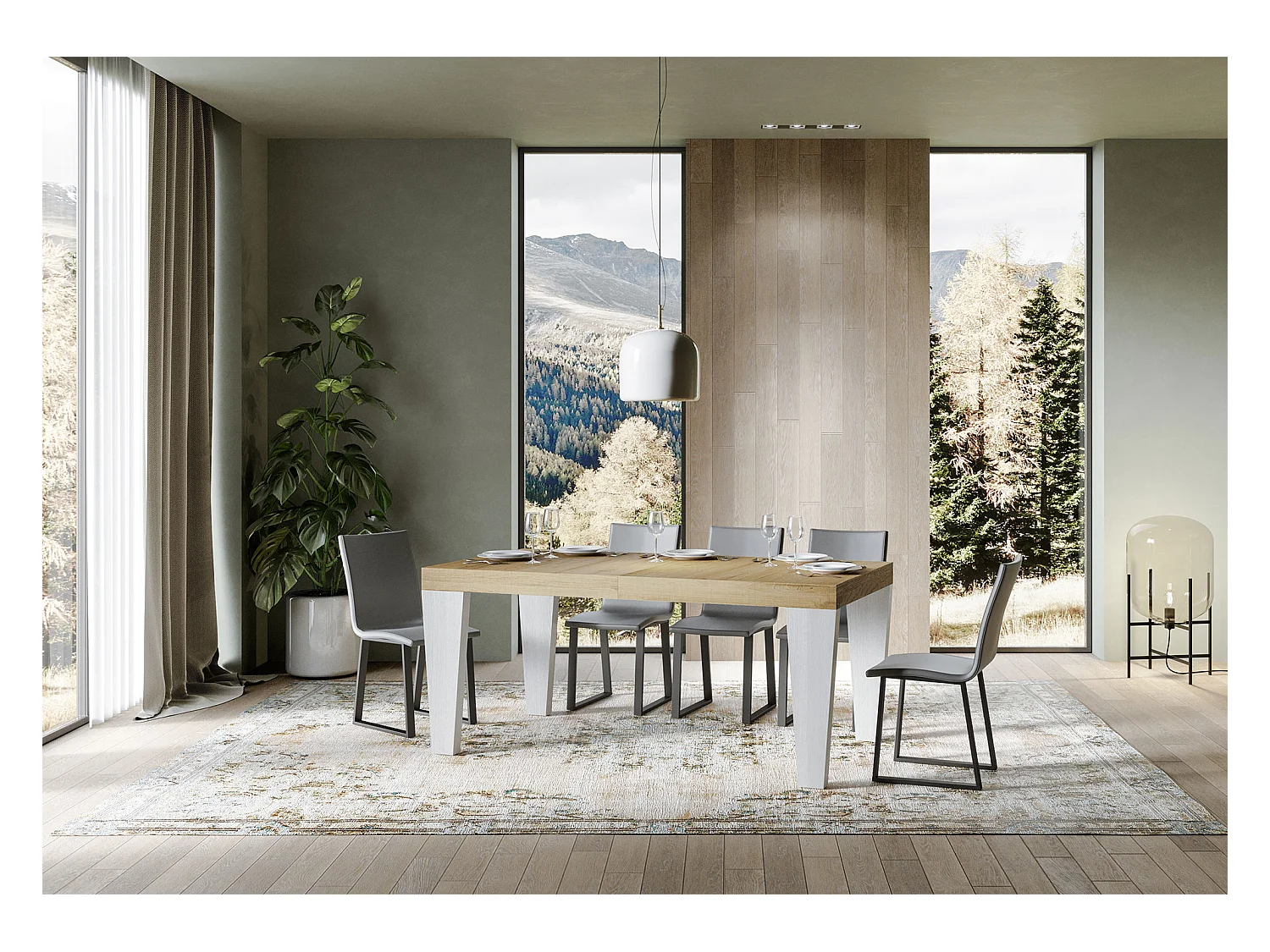 Table extensible chêne naturel et pieds bois blanc 6 à 12 personnes Kristo L 180 à 284cm-Sur roulettes
