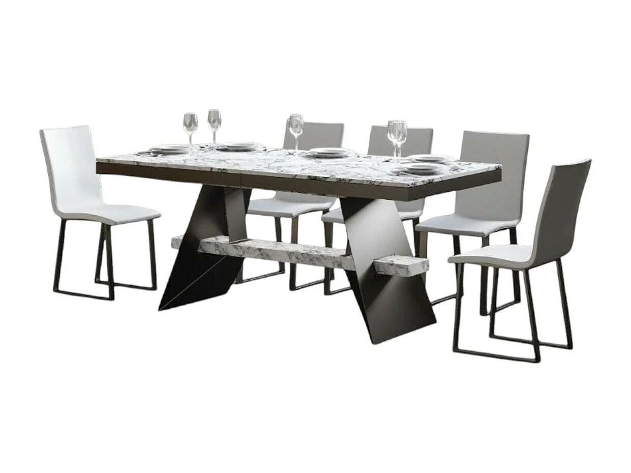 Table à rallonges 8 à 14 places blanc effet marbre béton avec un cadre et des pieds acier gris foncé 180 à 284cm Borys