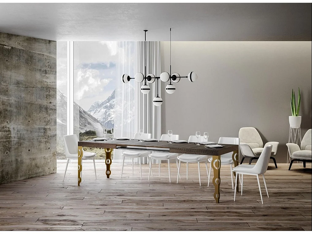 Table rectangulaire extensible orientale 6 à 20 personnes L 160 à 420cm bois foncé et pieds métal doré Kazay