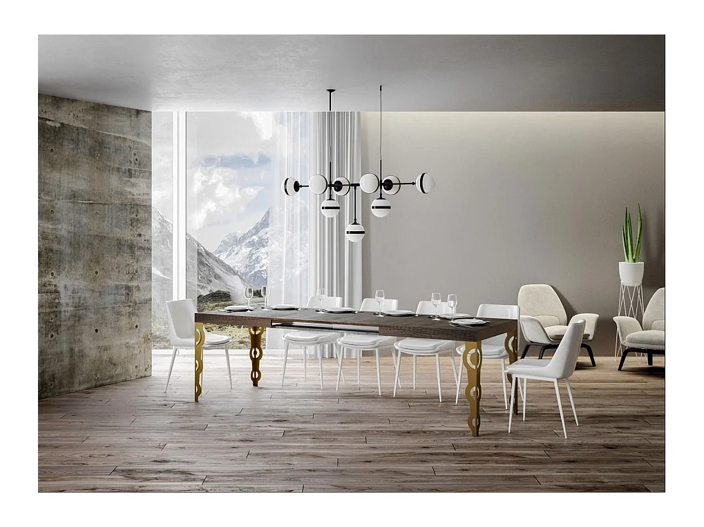 Table rectangulaire extensible orientale 6 à 20 personnes L 160 à 420cm bois foncé et pieds métal doré Kazay