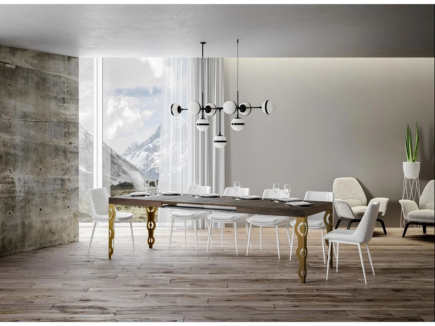 Table rectangulaire extensible orientale 6 à 20 personnes L 160 à 420cm bois foncé et pieds métal doré Kazay