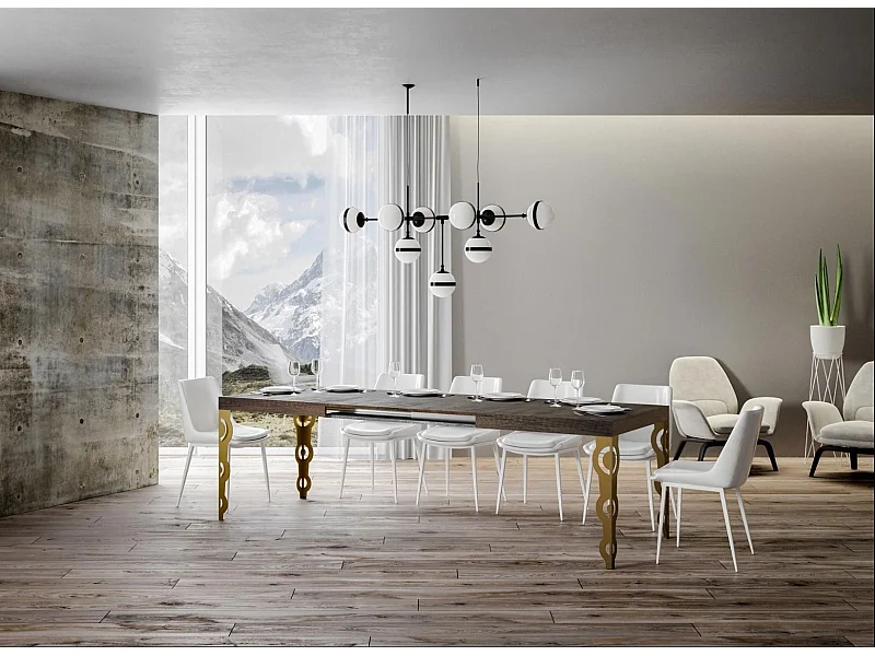 Table rectangulaire extensible orientale 6 à 20 personnes L 160 à 420cm bois foncé et pieds métal doré Kazay