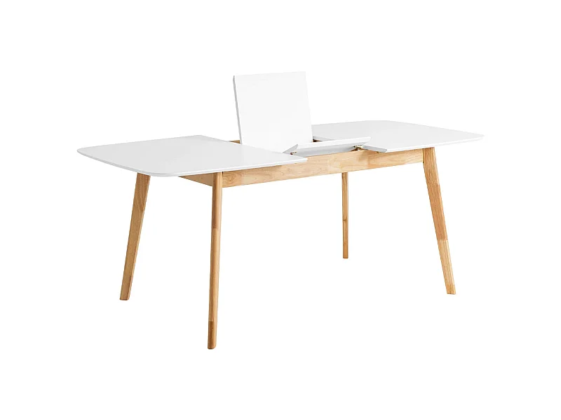 Petite table rectangulaire extensible blanc brillant et pieds naturel Askin 120 à 150cm