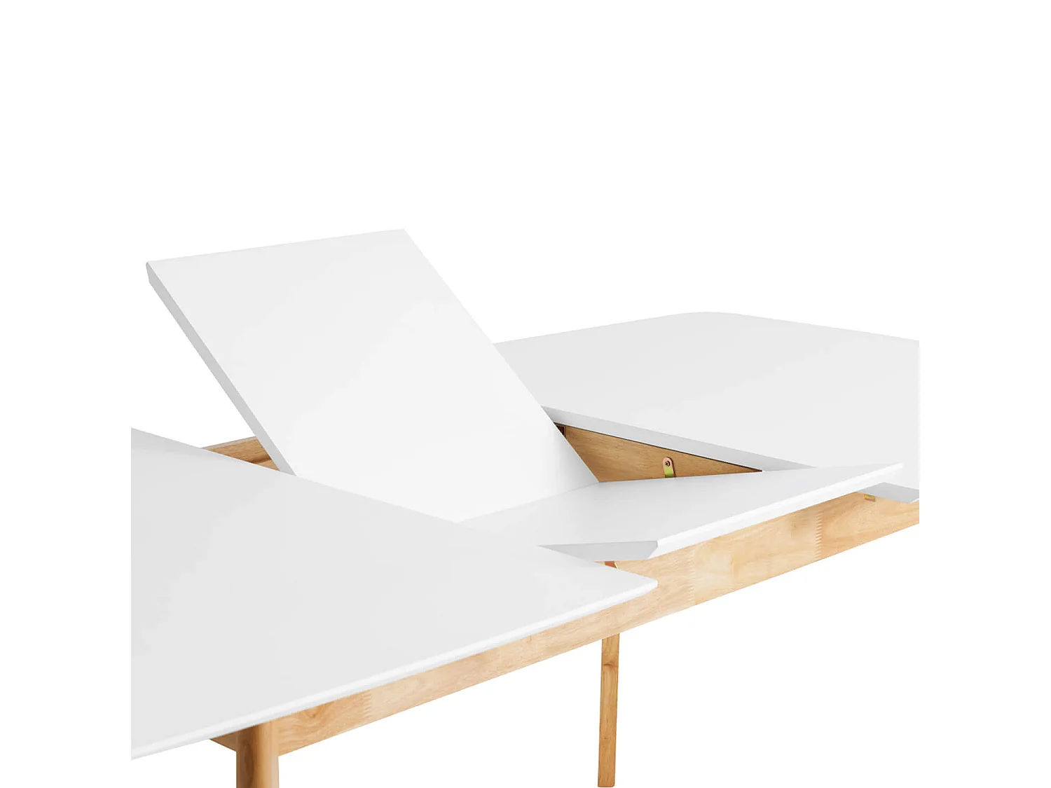 Petite table rectangulaire extensible blanc brillant et pieds naturel Askin 120 à 150cm