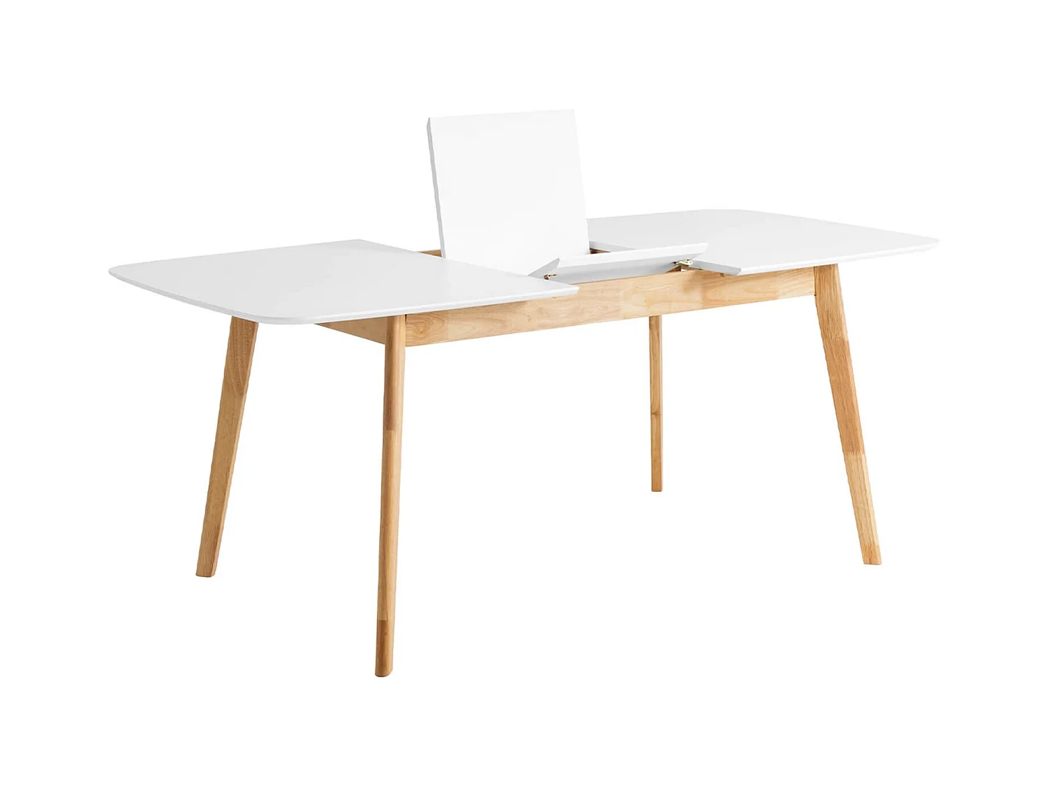 Petite table rectangulaire extensible blanc brillant et pieds naturel Askin 120 à 150cm