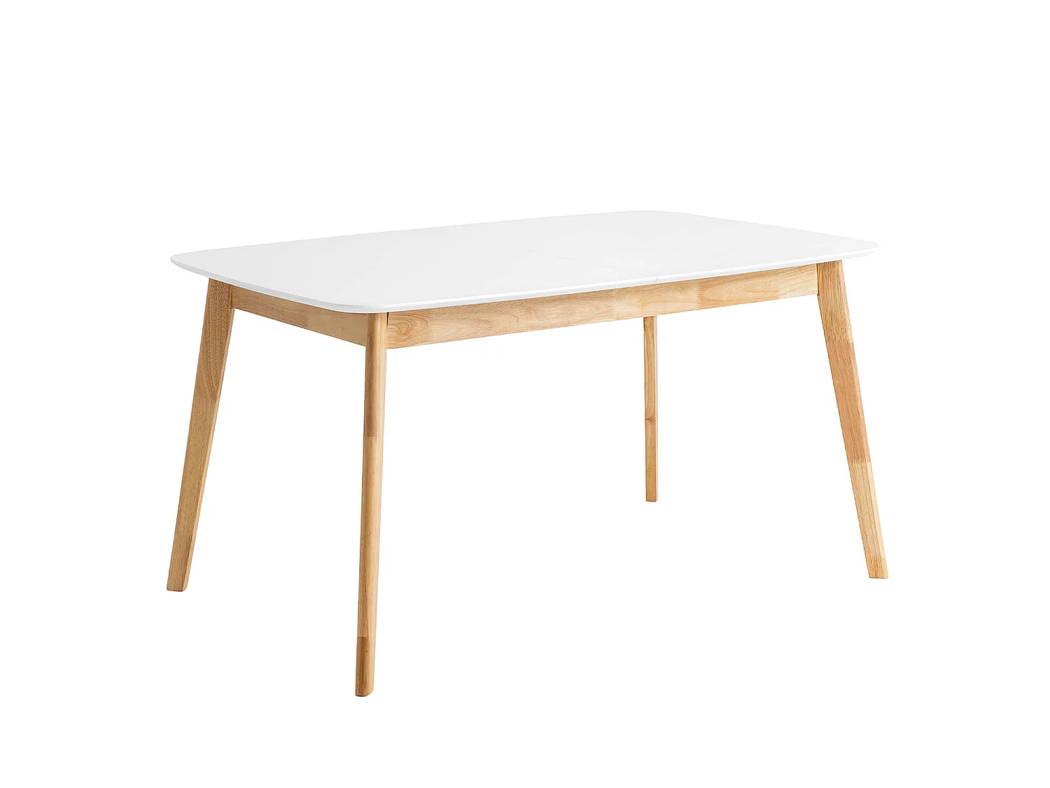 Petite table rectangulaire extensible blanc brillant et pieds naturel Askin 120 à 150cm