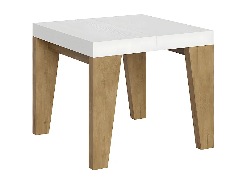 Mesa extensible cuadrada pequeña en madera blanca y roble natural de 90 a 246 cm Naxo-Base y soporte con ruedas