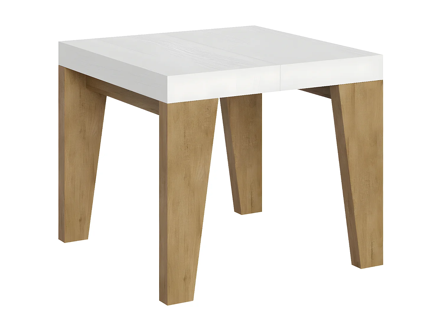 Kleine vierkante uitschuifbare tafel in wit hout en natuurlijk eikenhout 90 tot 246 cm Naxo-Voet en steun op zwenkwielen