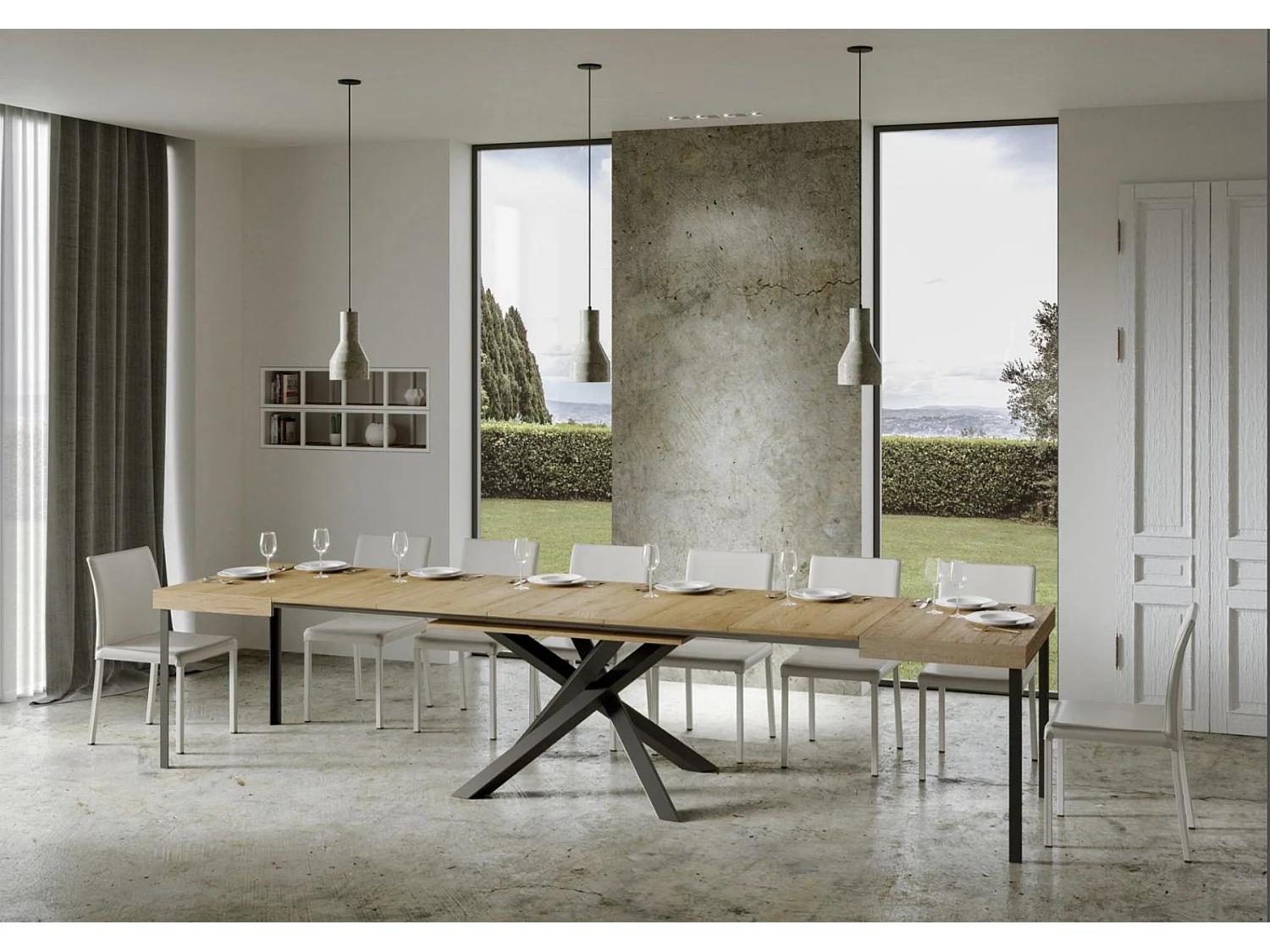 Table extensible pieds entrelacés anthracite Artemis-Couleur Marron-2 rallonges fines-130 à 234cm