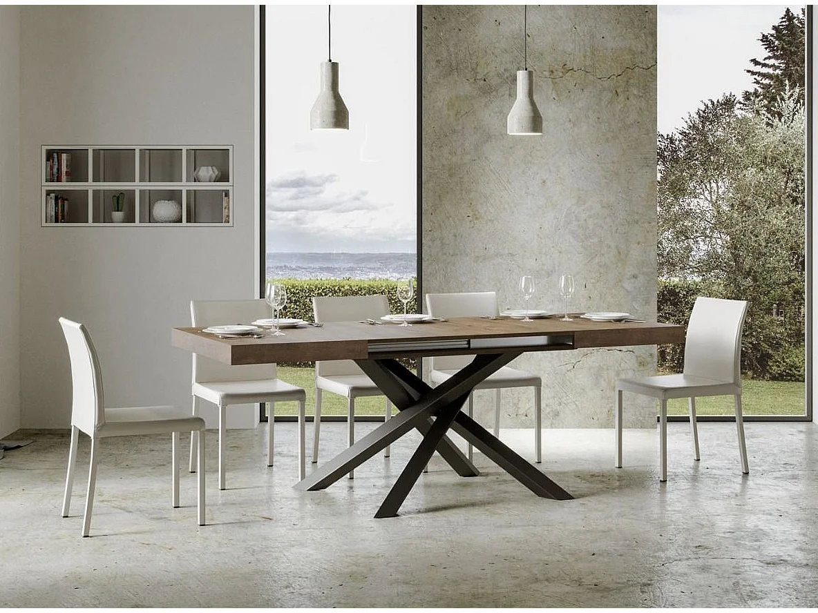 Uitschuifbare tafel voor 4 tot 10 personen in donker hout en antraciet verweven poten L 130 tot 234 cm Artemis