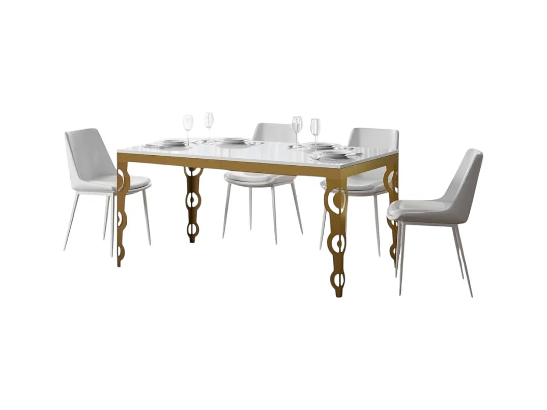 Table rectangulaire extensible orientale 6 à 20 personnes L 160 à 420cm blanc brillant et cadre métal doré Kazay