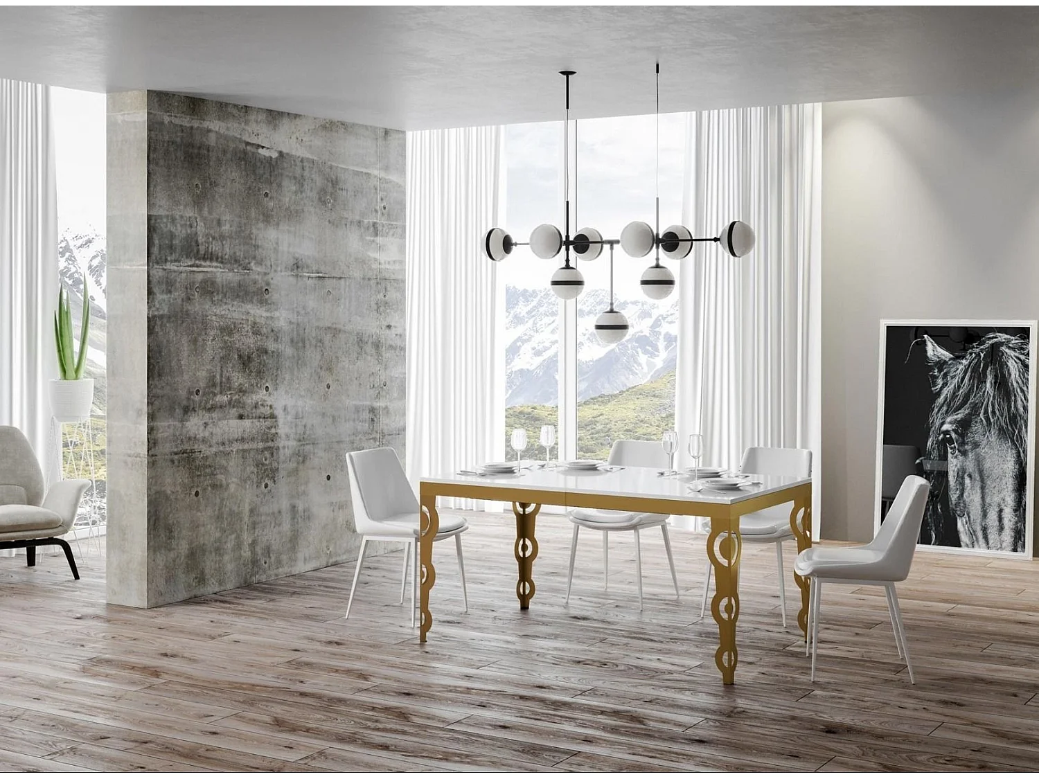 Table rectangulaire extensible orientale 6 à 20 personnes L 160 à 420cm blanc brillant et cadre métal doré Kazay