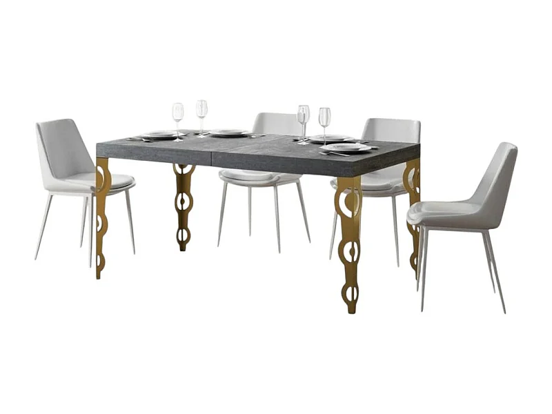 Table rectangulaire extensible orientale 6 à 10 personnes L 160 à 264cm gris béton et métal doré Kazay