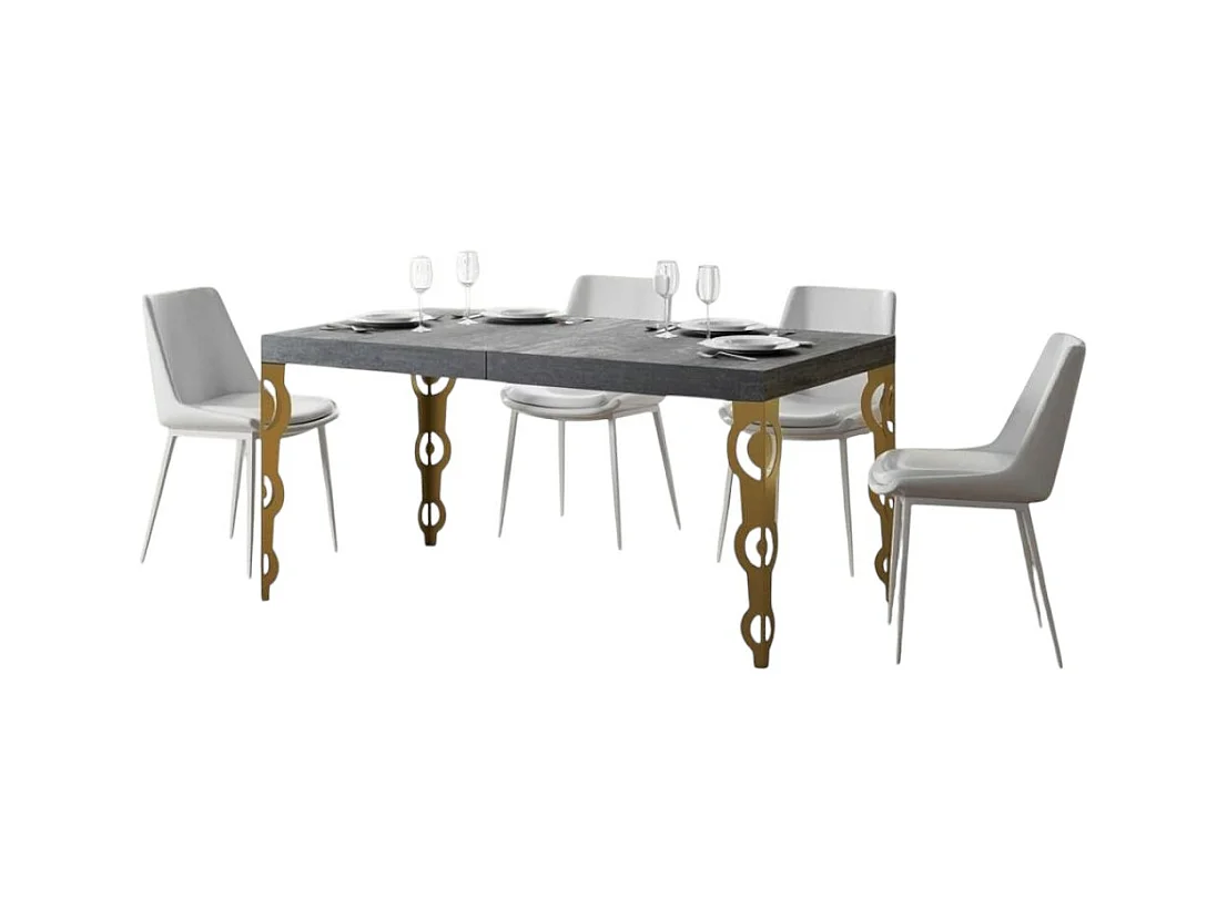 Table rectangulaire extensible orientale 6 à 10 personnes L 160 à 264cm gris béton et métal doré Kazay