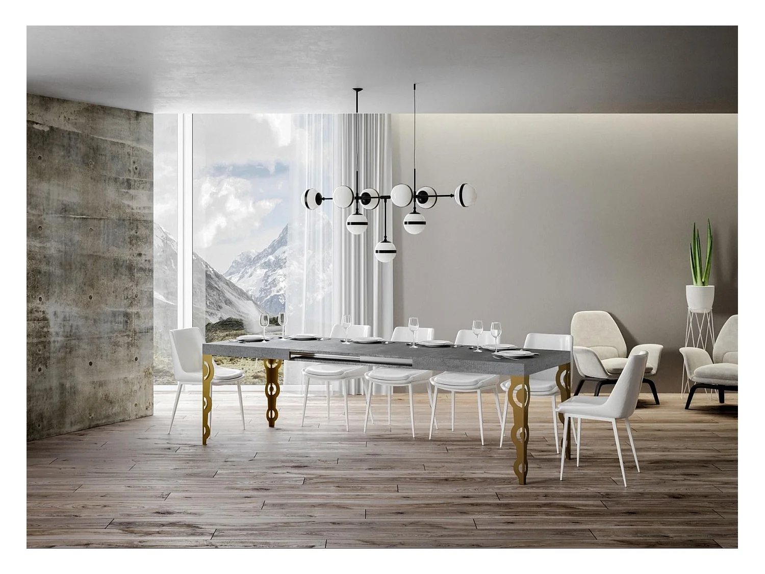 Table rectangulaire extensible orientale 6 à 10 personnes L 160 à 264cm gris béton et métal doré Kazay