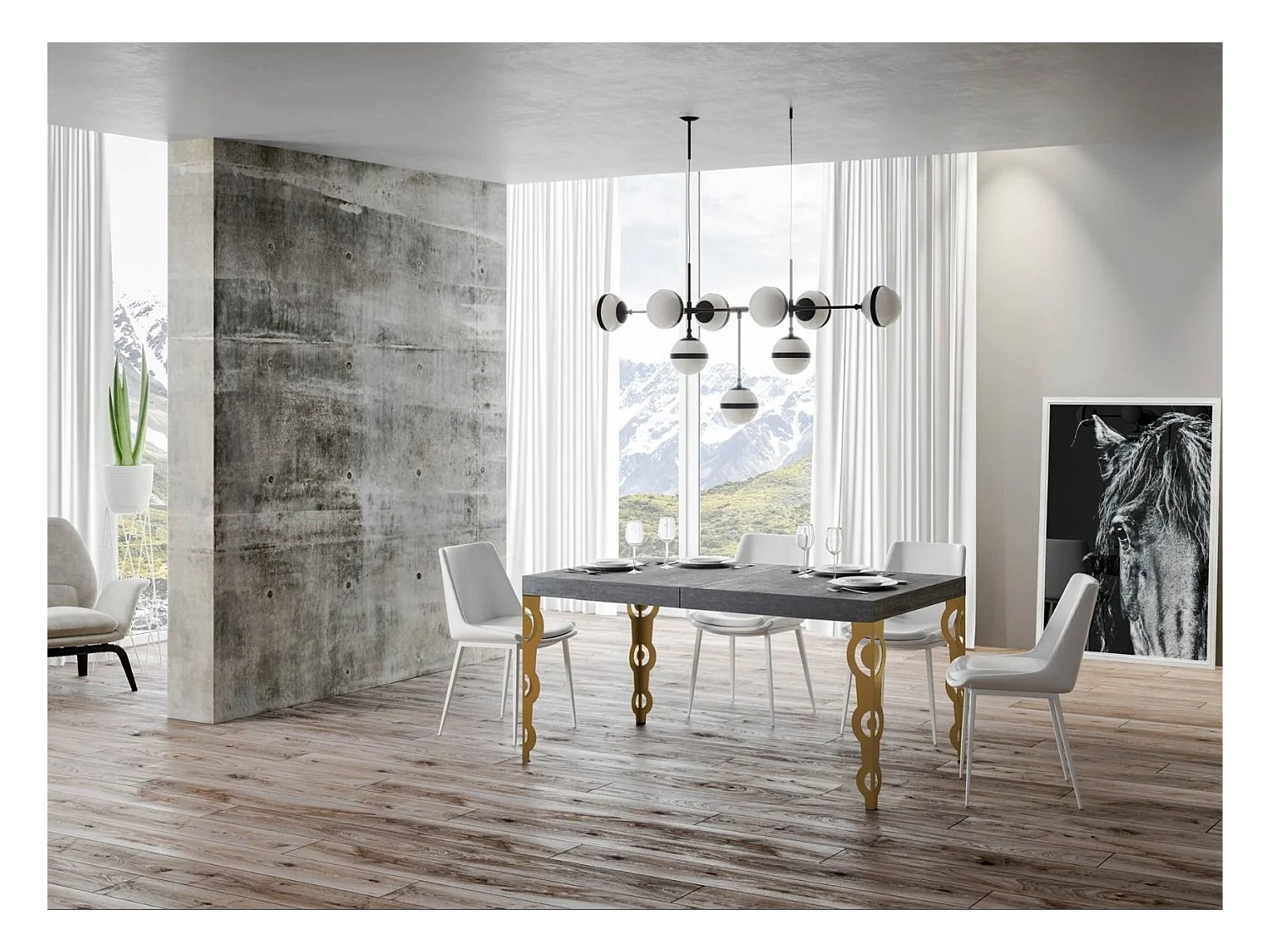 Table rectangulaire extensible orientale 6 à 10 personnes L 160 à 264cm gris béton et métal doré Kazay