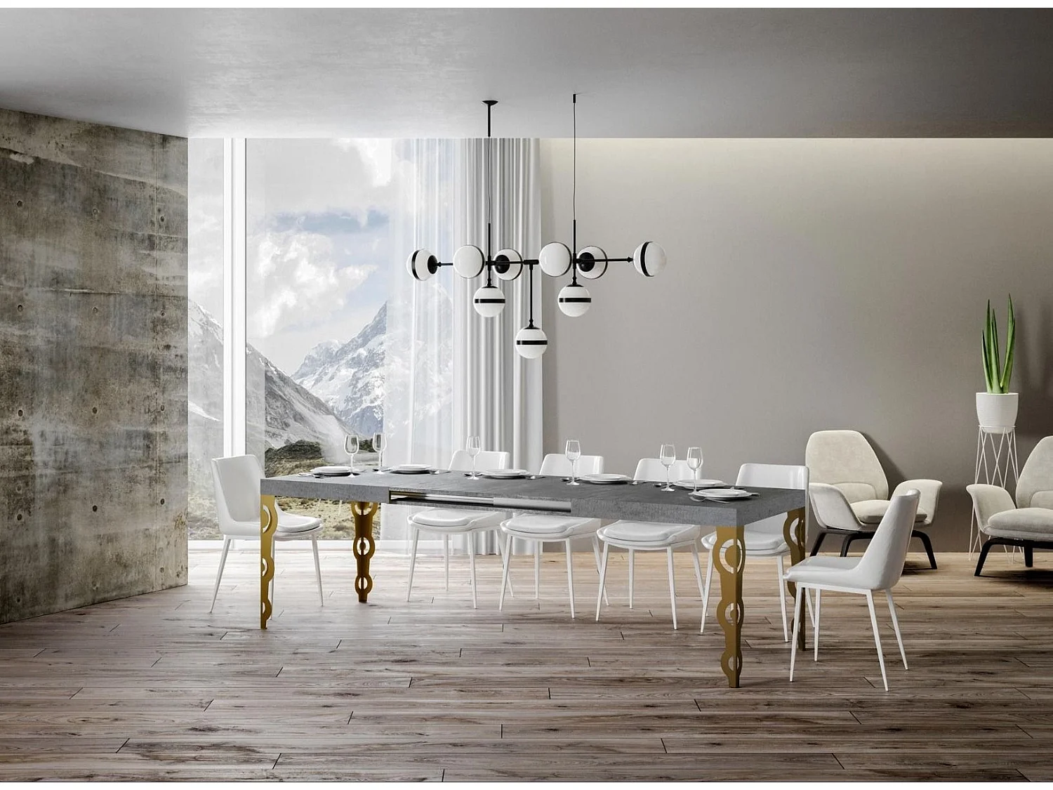 Table rectangulaire extensible orientale 6 à 10 personnes L 160 à 264cm gris béton et métal doré Kazay