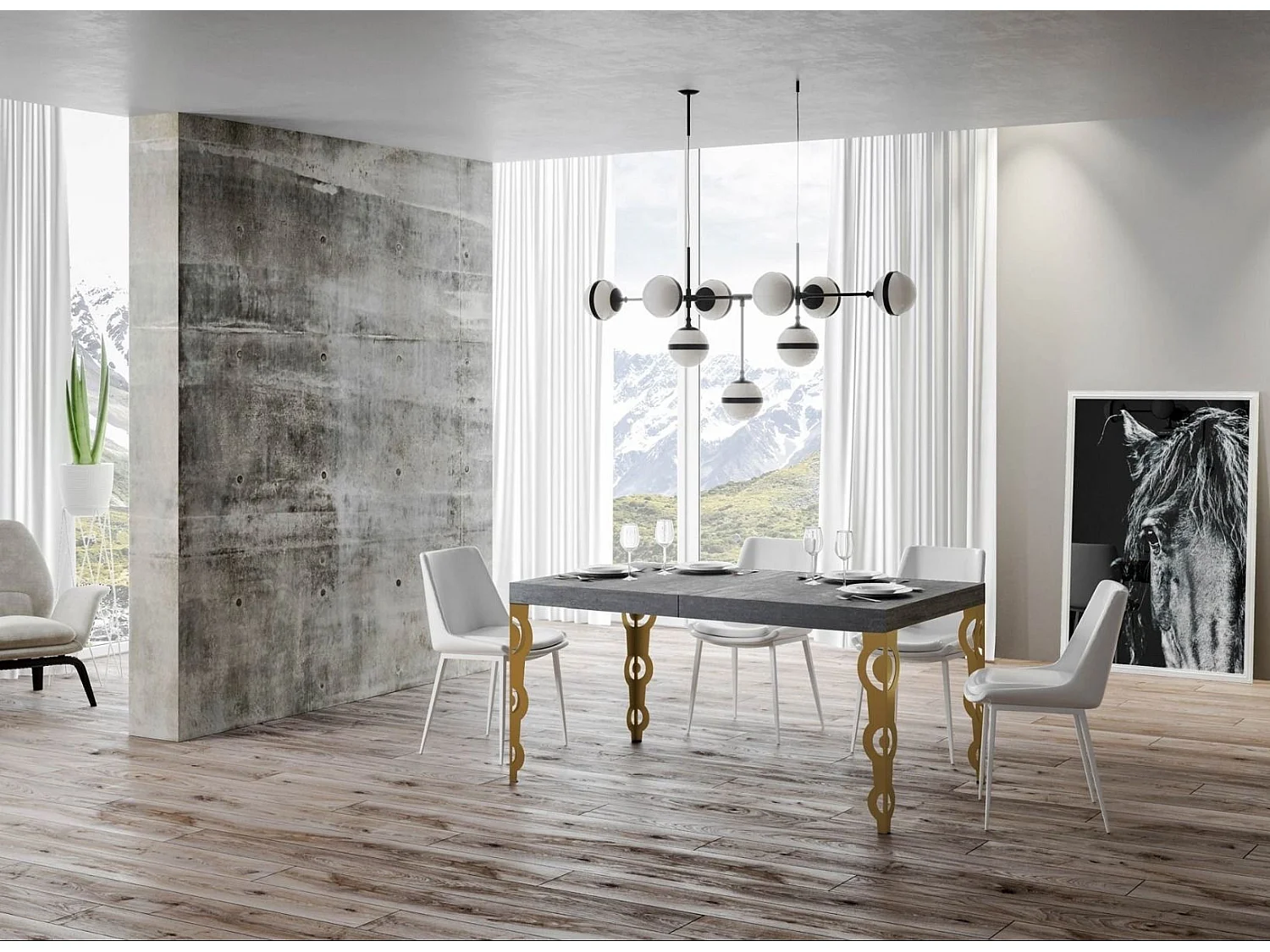 Table rectangulaire extensible orientale 6 à 20 personnes L 160 à 420cm gris béton et pieds métal doré Kazay