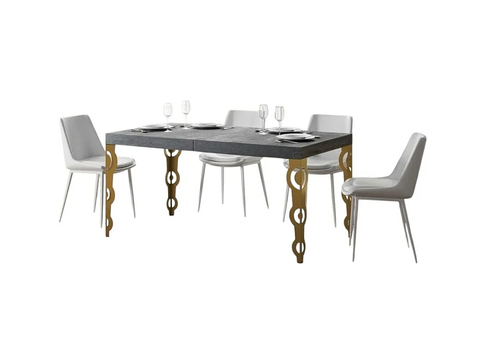 Table rectangulaire extensible orientale 6 à 20 personnes L 160 à 420cm gris béton et pieds métal doré Kazay