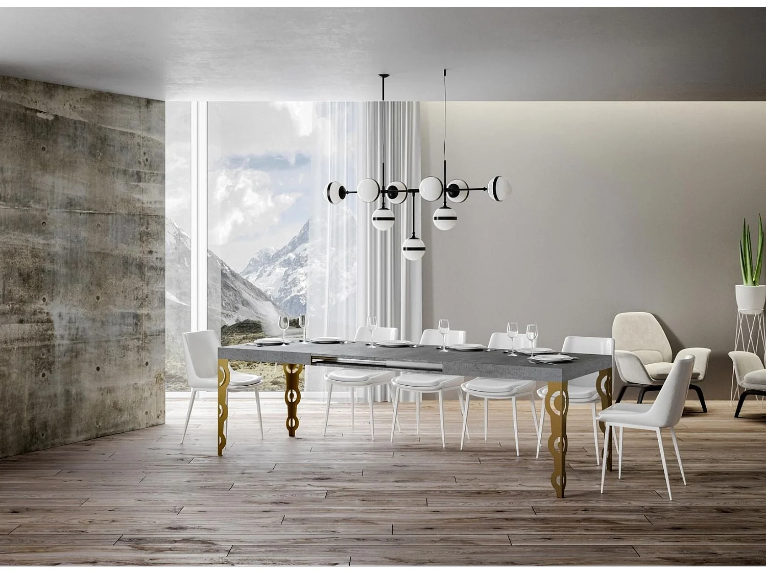 Table rectangulaire extensible orientale 6 à 20 personnes L 160 à 420cm gris béton et pieds métal doré Kazay