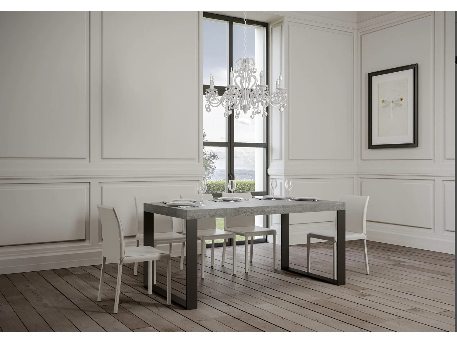 Table à manger extensible Tiroz-Couleur Gris ciment-2 pieds-5 rallonges épaisses-180 à 440cm