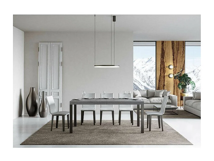 Table à manger extensible Karry-Couleur Gris ciment-Sur roulettes-160 à 420cm