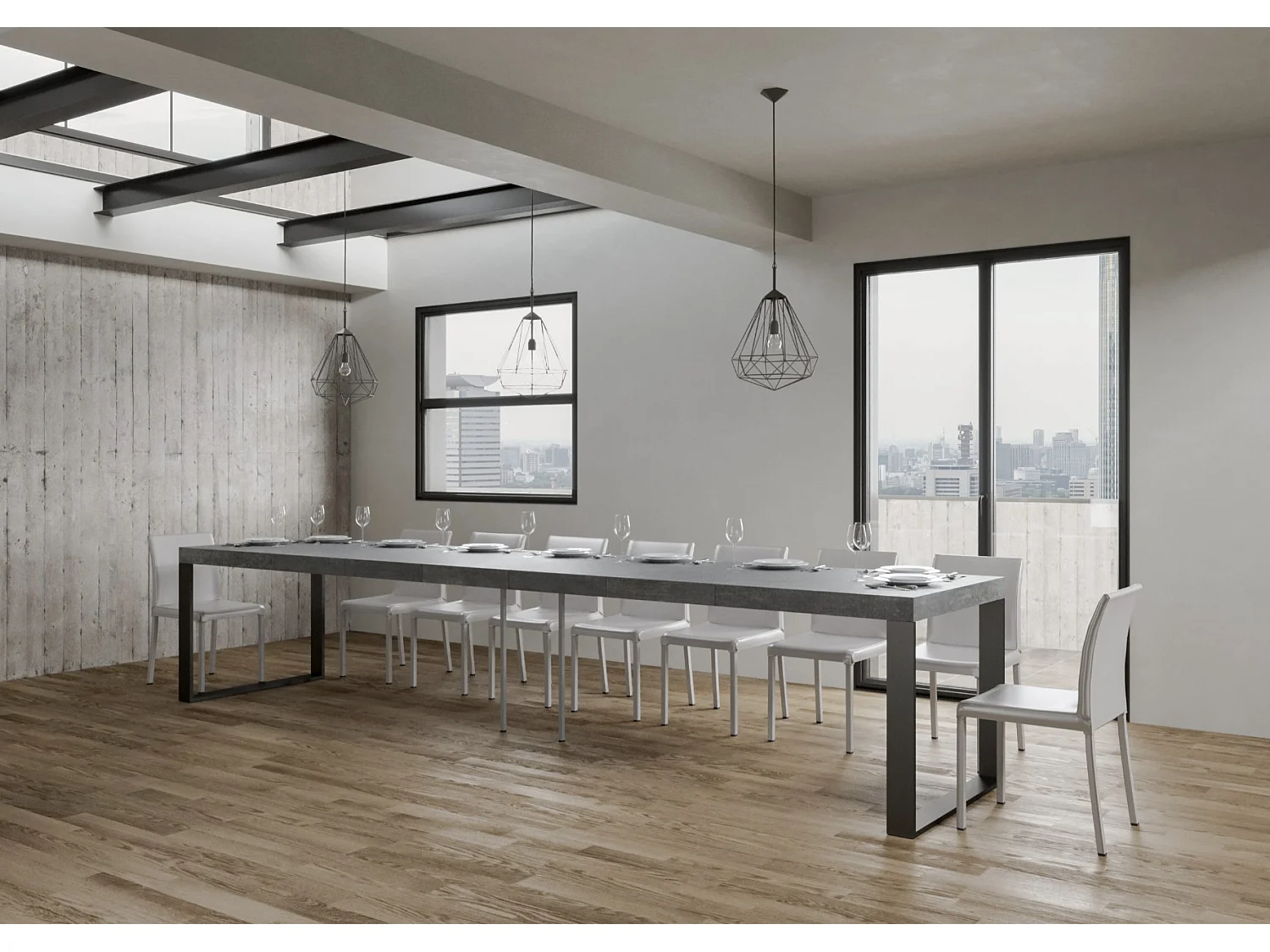 Grote uitschuifbare tafel 180 tot 440 cm betongrijs en antraciet metalen poten Tiroz-Steun 4 voet-Verlengsnoeren 5 dikke extensies